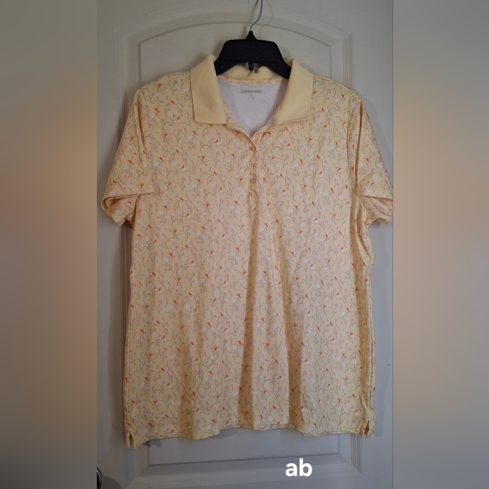 Lands End Womens Yellow Cardinals Floral Patterned Polo Shirt Sz XL SUMMER TRAV